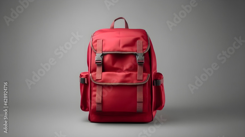 red backpack isolated on a blue background Back to school, education, childhood, primary school theme.