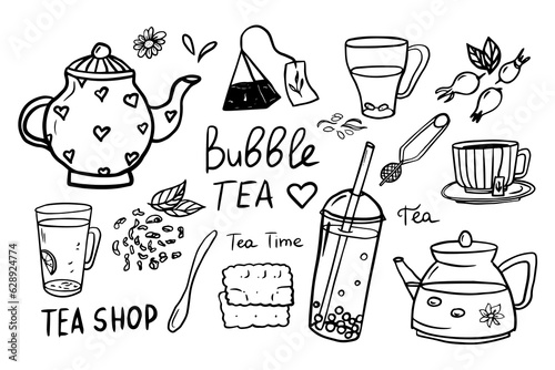 Cute set of tea theme elements. Hand drawn. Vector illustration EPS10 in doodle style. Isolated on white background