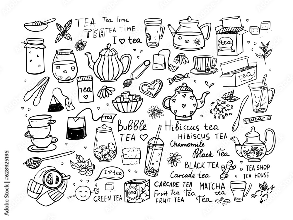 Big set of hand drawn tea theme elements in doodle style. Cute vector illustration EPS10. Isolated on white background