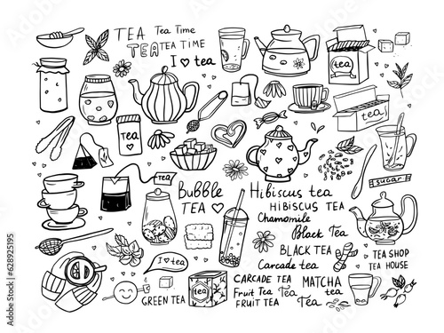 Big set of hand drawn tea theme elements in doodle style. Cute vector illustration EPS10. Isolated on white background