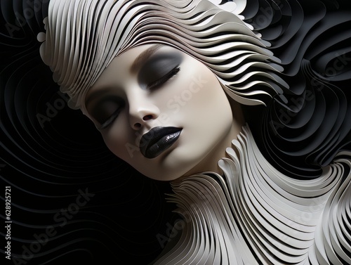 Beauty portrait of conventionally beautiful woman with dark makeup and fantasy headdress. High fashion concept AI photo