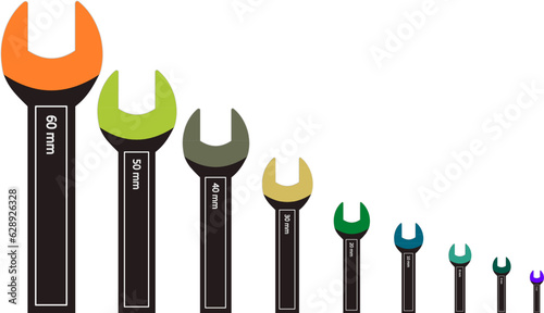 Set of open spanner flat design from bigger size to smaller size isolated on white background