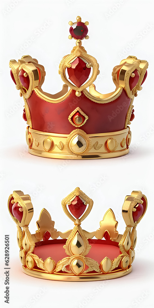 Realistic gold crowns set. Crowning headdress for king and queen. Royal
