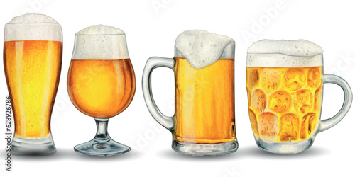 Fotografiet Watercolor hand drawn realistic glasses of beer