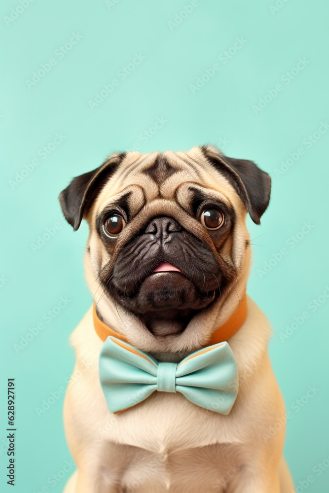 Pug dog with bowtie on pastel background