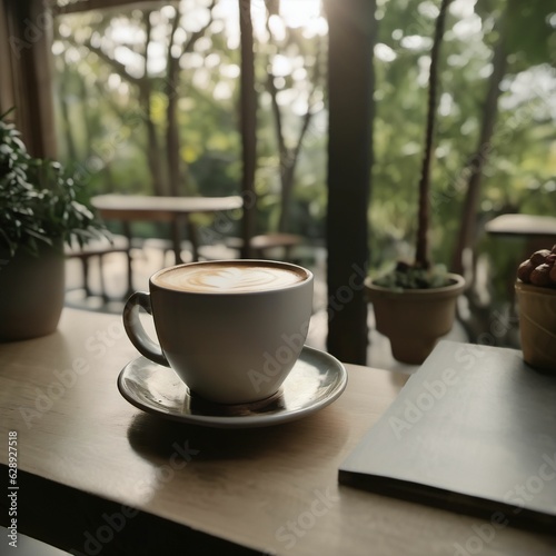 Hot cup of morning coffee inside a room, Cozy relaxing environment to enjoy an coffee. Ai generated