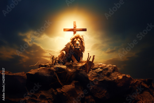 Canvas Print Double exposure lion on the top of the mountain and cross