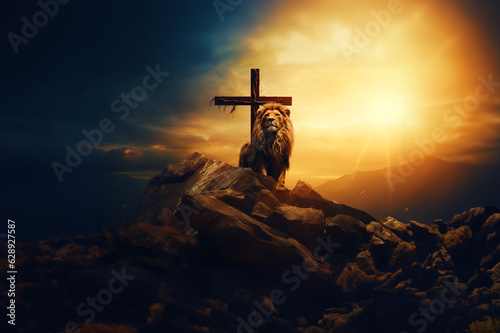 Fotografija Double exposure lion on the top of the mountain and cross