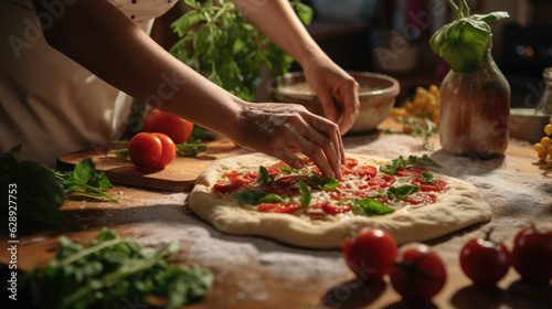 Woman cooks homemade pizza in the kitchen.