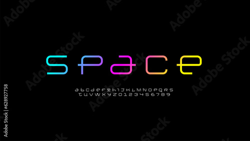 Technical wide thin future font, digital bright cyber alphabet, trendy original letters from A to Z and numbers from 0 to 9 for interface design, vector illustration 10EPS