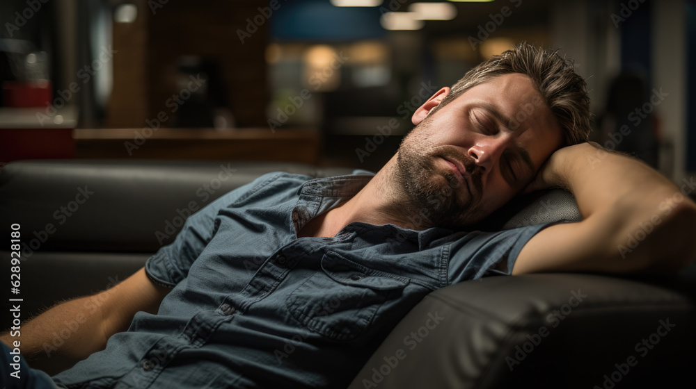 Obraz premium Man tired from work sleeps at his sofa at home.