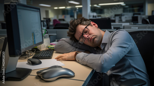 Man tired from work sleeps at his desk in the office.
