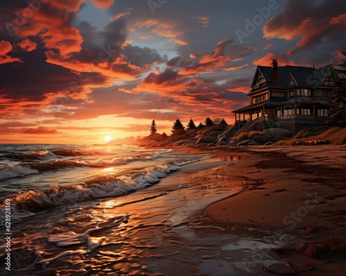 A house can be seen on a sandy beach with waves, a sunset, and clouds. (Generative AI)