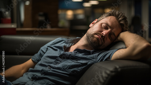 Man tired from work sleeps at his sofa at home.
