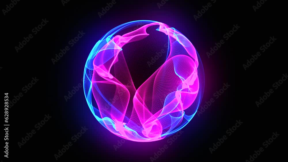 Glowing rotating particle neon 3d sphere in the Universe.  Virtual assistant animation. Energy orb. Technology, science, engineering and artificial intelligence background. Pink and blue. 4k loop.