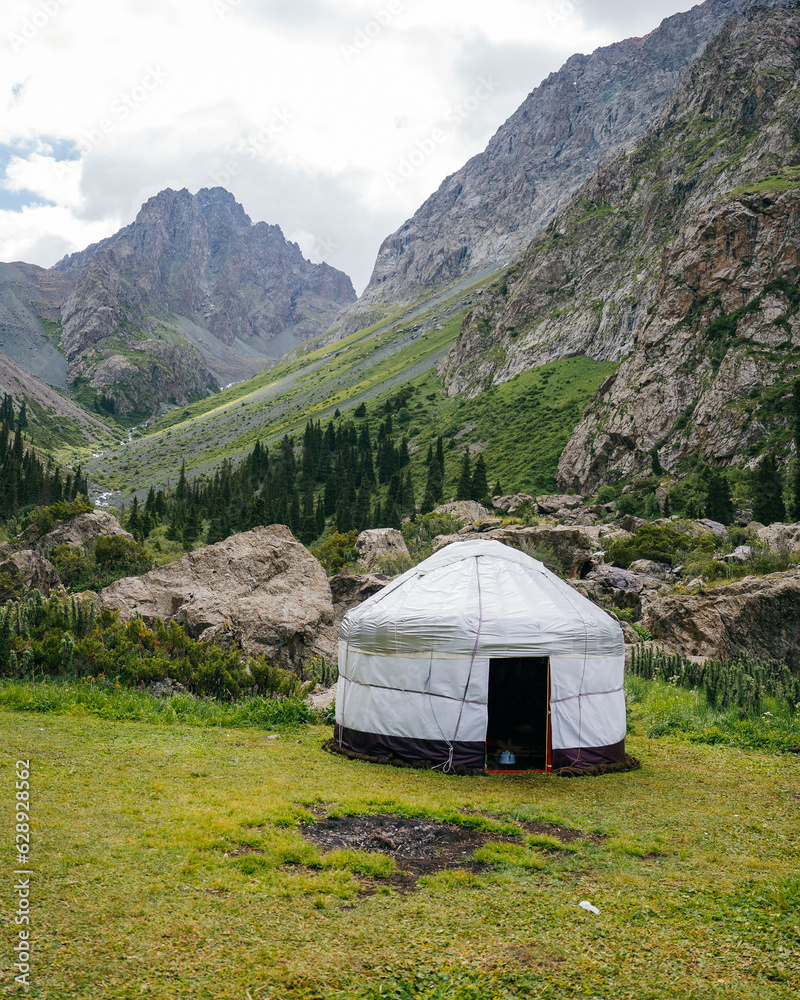 Yurts on wild meadows in Kyrgyzstan, Central Asia, Meadows, forest, and yurts on green grass with blue cloudy sky. Unleash Your Wanderlust: Captivating Yurts and Majestic Meadows of Kyrgyzstan