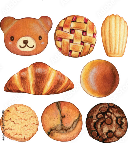 Watercolor hand drawn sweet baked breads and cookies