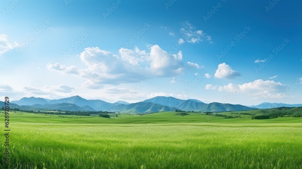 Panoramic green field landscape view. Blue mountains background and bright blue sky. 