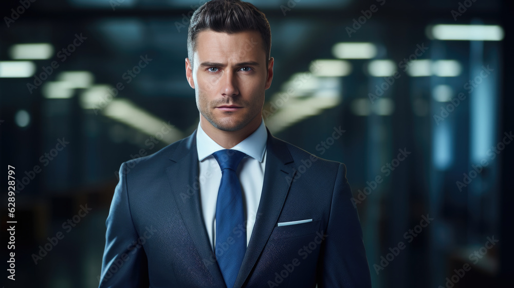 Serious and confident businessman stands in a suit against the backdrop of a modern office. Serious and confident businessman stands in a suit against the backdrop of a modern office.