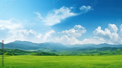 Panoramic green field landscape view. Blue mountains background and bright blue sky.  © Tirtonirmolo