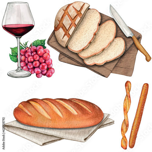 Watercolor hand drawn bread and wine