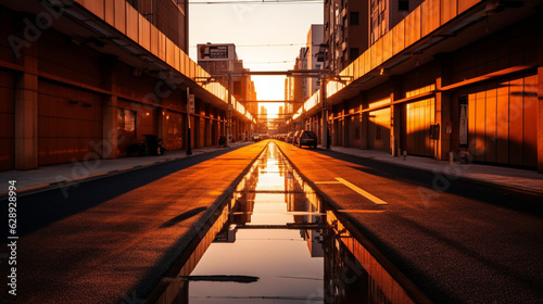 Sunset in a big city with a low angle photo with orange colors in water