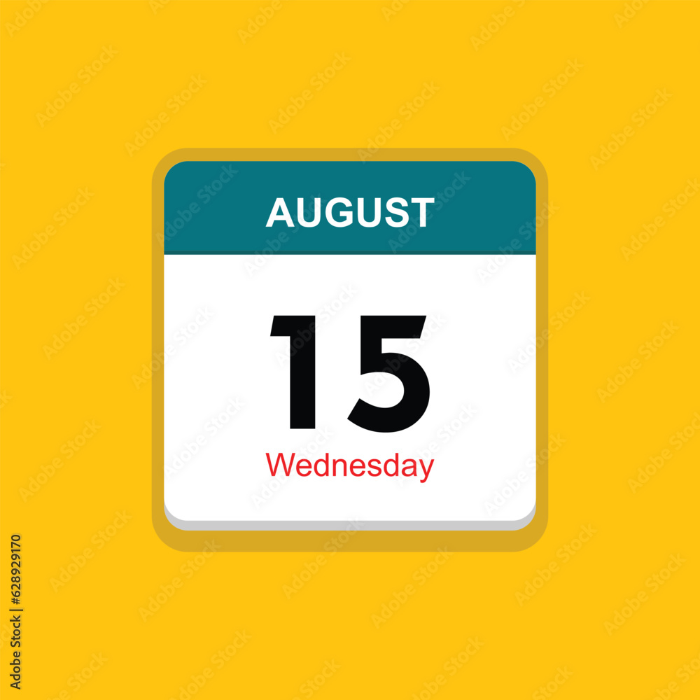 wednesday 15 august icon with yellow background, calender icon