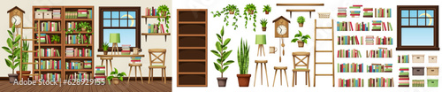 Reading room interior design with bookcases and plenty of books and houseplants. Cozy old library interior design. Furniture set. Interior constructor. Cartoon vector illustration