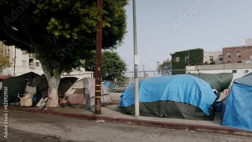 LA Skid Row Tents Along Inner City Sidewalk 4K