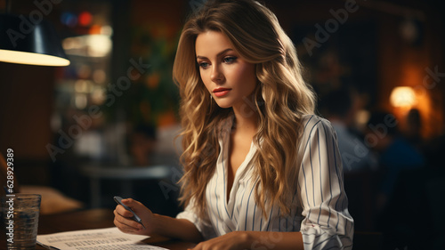 portrait of beautiful young woman sitting at the table in a cafe.generative ai