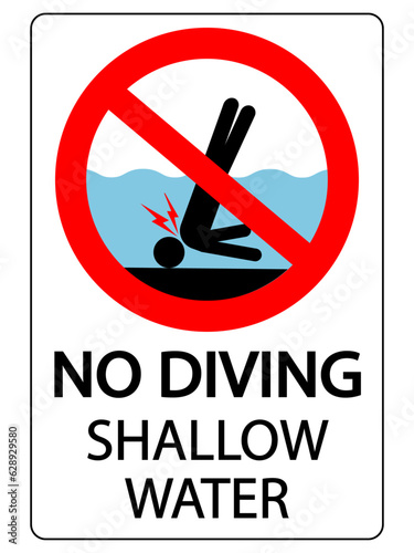 No diving, shallow water. Ban sign with pictogram of person banging his head on the seabed. Text below
