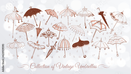 Collection of doodle vintage umbrellas on white glowing background. Vector sketch illustration.