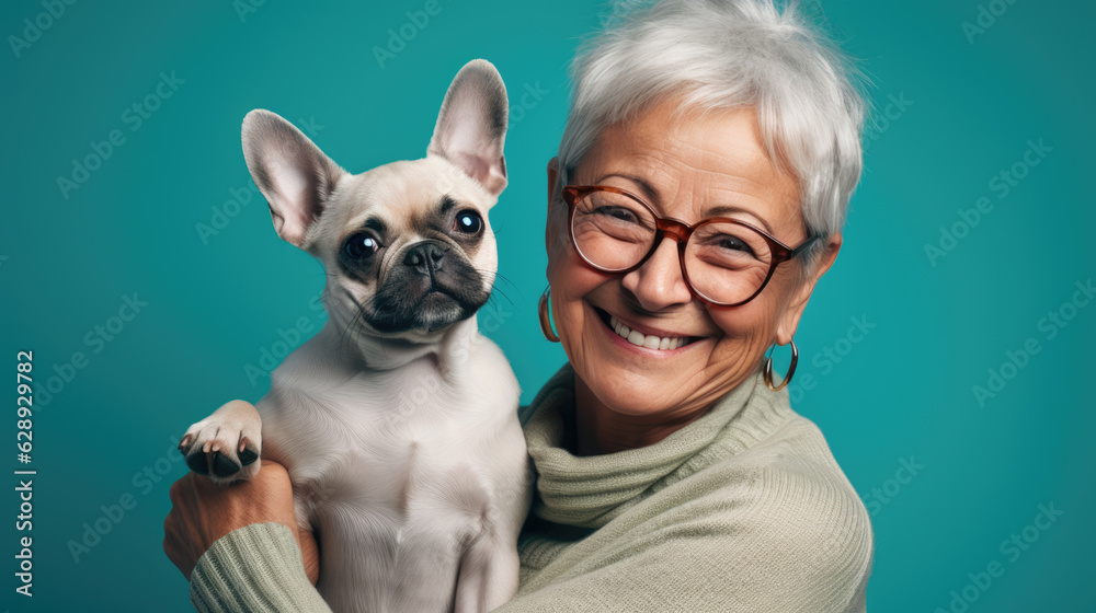 Senior woman holds a dog puppy in her arms on blue background.