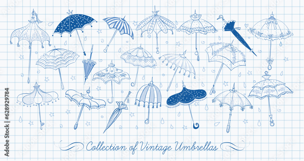 Collection of doodle vintage umbrellas on lined paper background ...