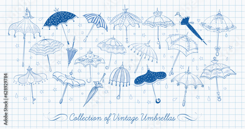Collection of doodle vintage umbrellas on lined paper background. Vector blue pen sketch illustration.
