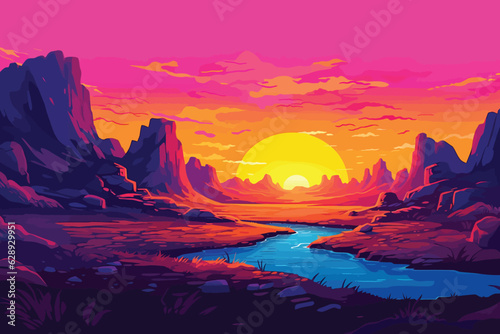 illustration of sunset in the mountains with river