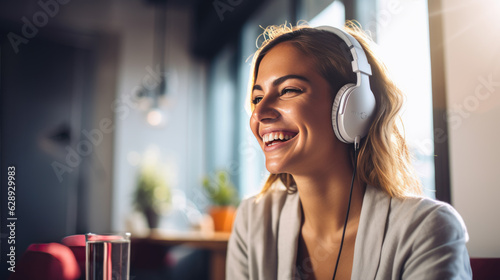 Young girl wearing headphones enjoying music. photo