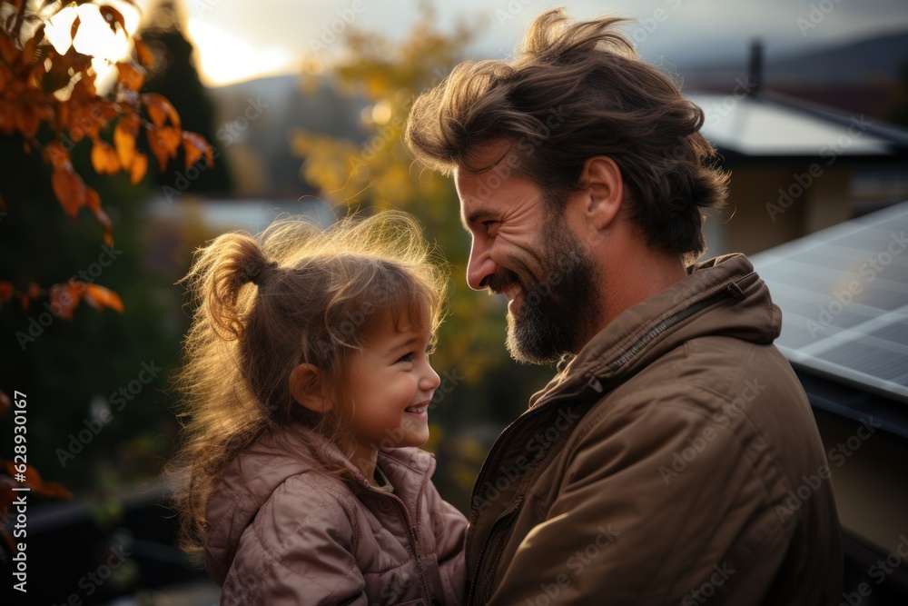 A father who holds his little daughter in his arms and shows at their home where solar panels are installed. alternative energy saving resources and the concept of sustainable living A father who holds his little daughter in his arms and shows at their home where solar panels are installed. alternative energy saving resources and the concept of sustainable living