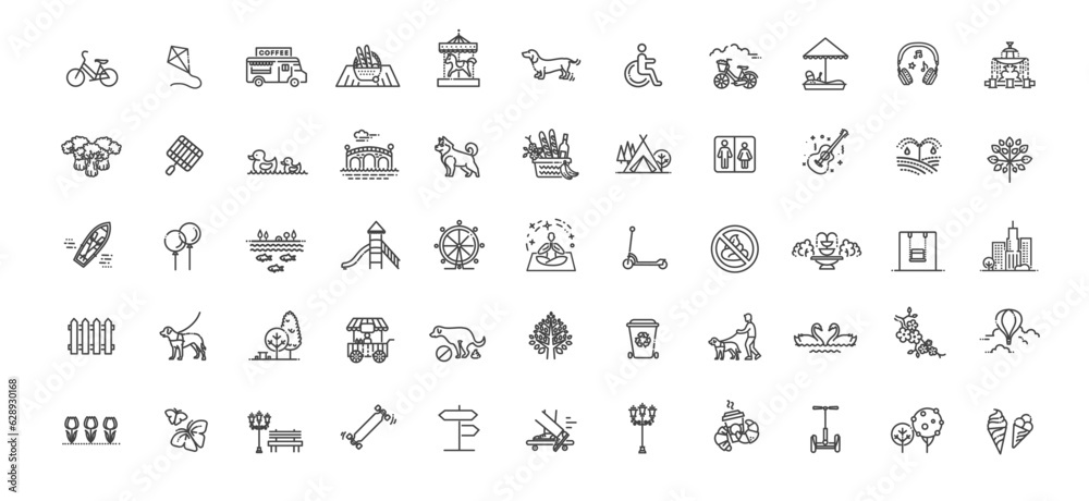 City park icons set. The open plot of land for recreation