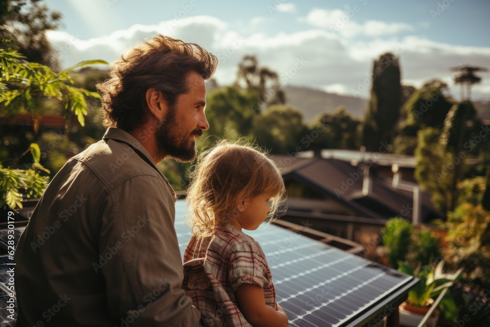 A father who holds his little daughter in his arms and shows at their home where solar panels are installed. alternative energy saving resources and the concept of sustainable living A father who holds his little daughter in his arms and shows at their home where solar panels are installed. alternative energy saving resources and the concept of sustainable living