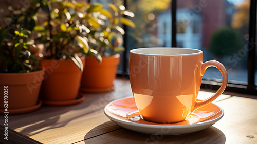 cup with fresh orange flowers on windowsill.generative ai