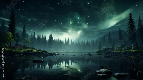 beautiful mountain landscape with forest, night sky with stars and trees, fantasy landscape. digital painting.generative ai