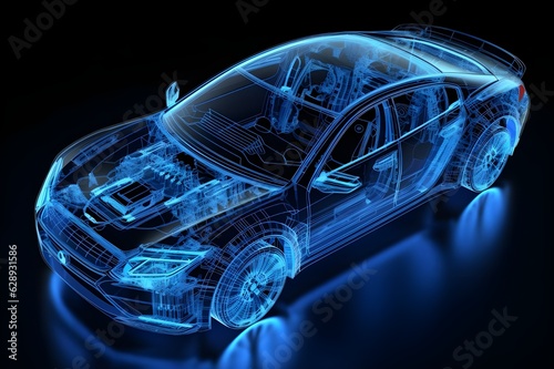 3d rendered xray blue transparent car wire frame 