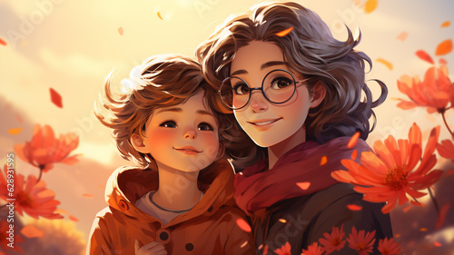 mother and child walk in autumn park.generative ai