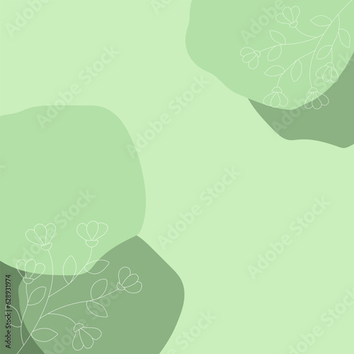 Abstract contour white branches with flowers on a light green background with elements. Banners. aesthetic outline. Great design for social media  cards  print. Vector illustration.