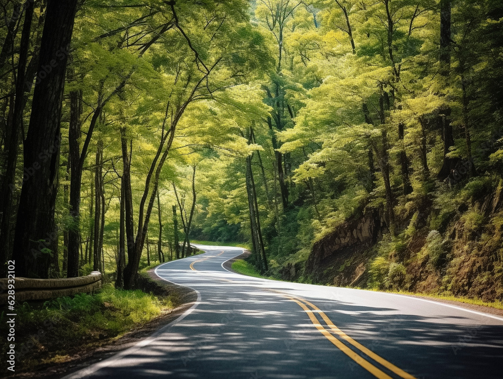Obraz premium Winding Mountain Road Through Green Forest in Summer