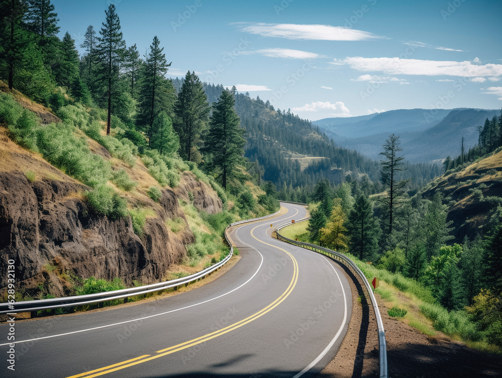 Fototapeta premium Winding Mountain Road Through Green Forest in Summer