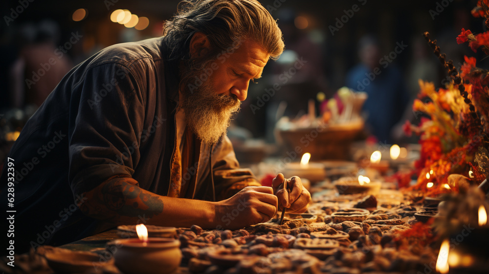 man praying with candle and candle in the temple at night.generative ai man praying with candle and candle in the temple at night.generative ai