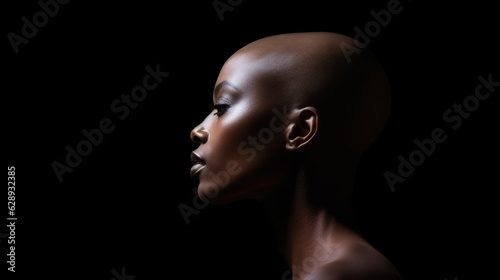 Emotional portrait of a bald African woman on black background