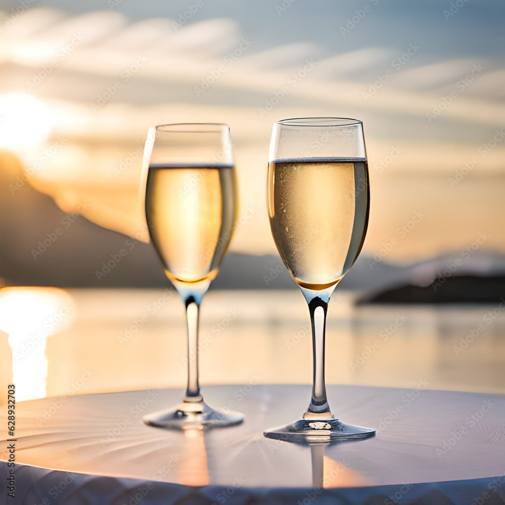 Two glasses of champagne at water with mountain view during sunset, romantic ambie, couple, generative AI